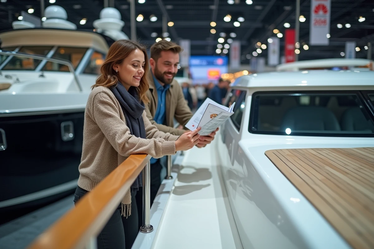 Jeune couple souriant examinant brochures de yachts