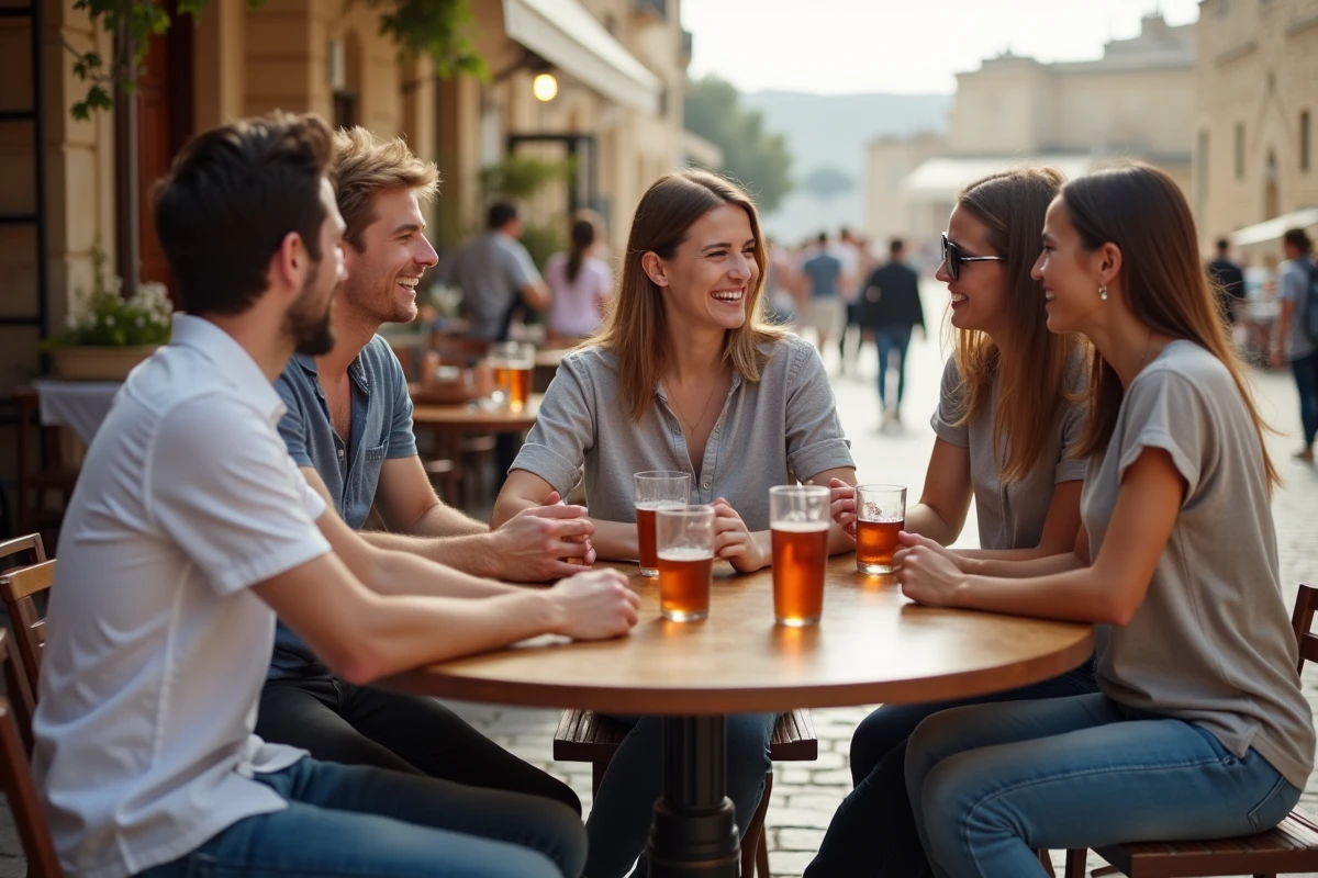 Groupe d'amis riant sur une terrasse &agrave; La Valette Malta