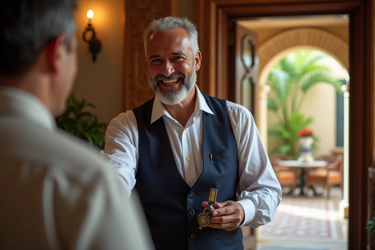 Concierge remettant une clé vintage au receptionniste