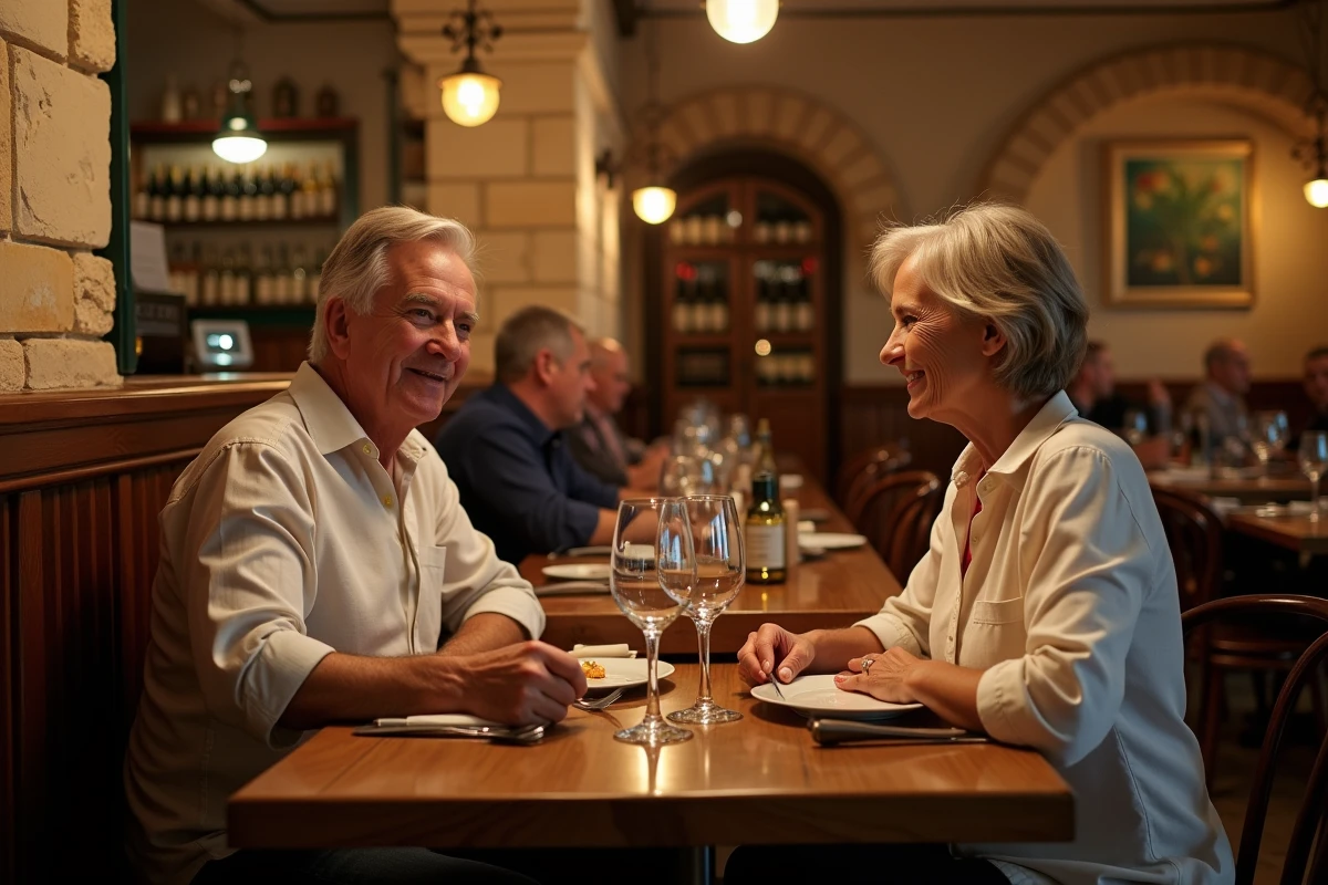 Couple maltais d&eacute;gustant un d&icirc;ner dans un bistro cosy