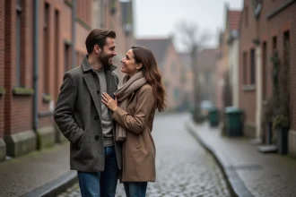 Couple souriant dans une rue de Bruges avec canal et façades anciennes