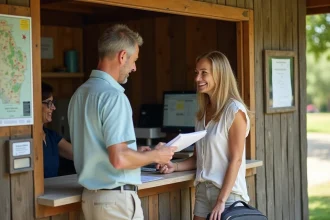 Couple français souriant à la réception du camping
