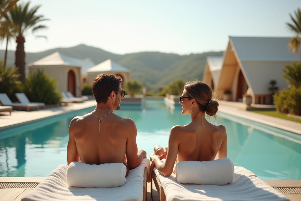 Couple relaxant au bord de la piscine du camping