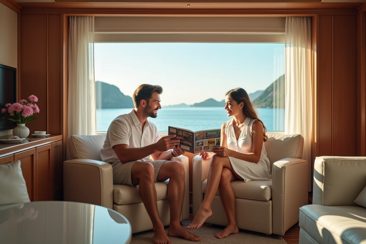 Jeune couple dans leur suite de croisi&egrave;re souriant