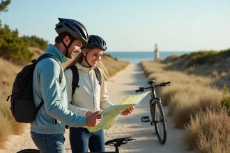 Jeune couple planifiant leur itinéraire sur une carte de l'île de Ré