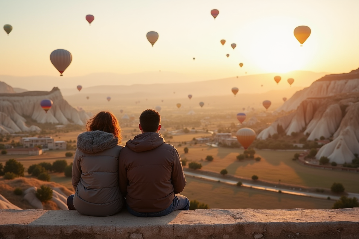 Jeune couple regardant les ballons au lever du soleil