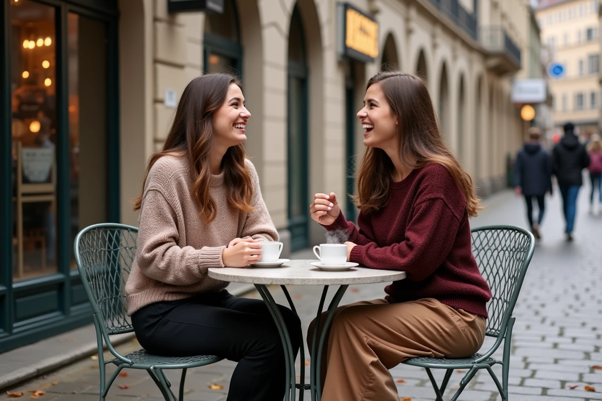 Deux femmes riant au caf&eacute; dans la vieille ville de Namur
