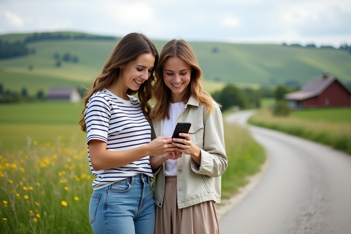 Deux femmes souriantes vérifiant une application de covoiturage