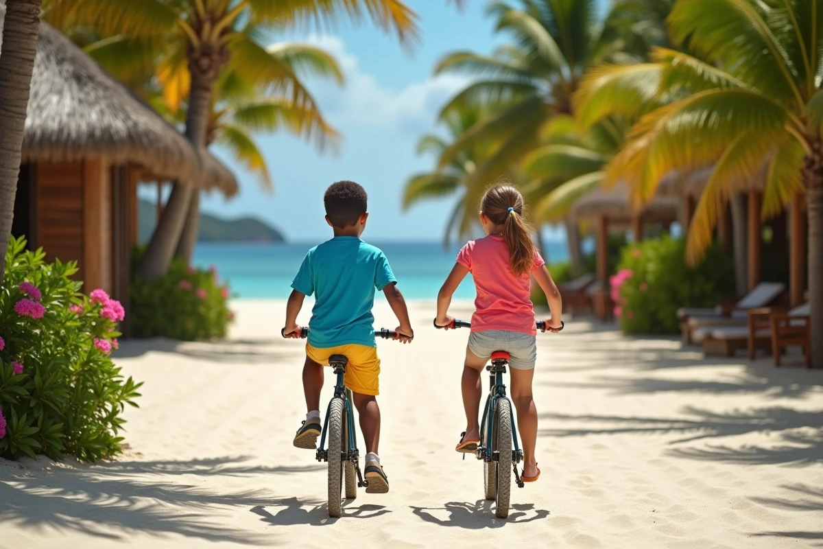 Enfants à vélo sur un chemin de sable à Gili Tran