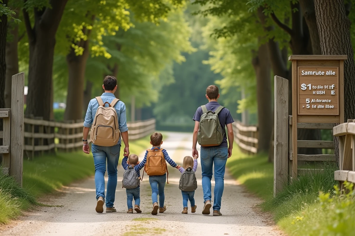 Famille avec enfants entrant dans un camping rural