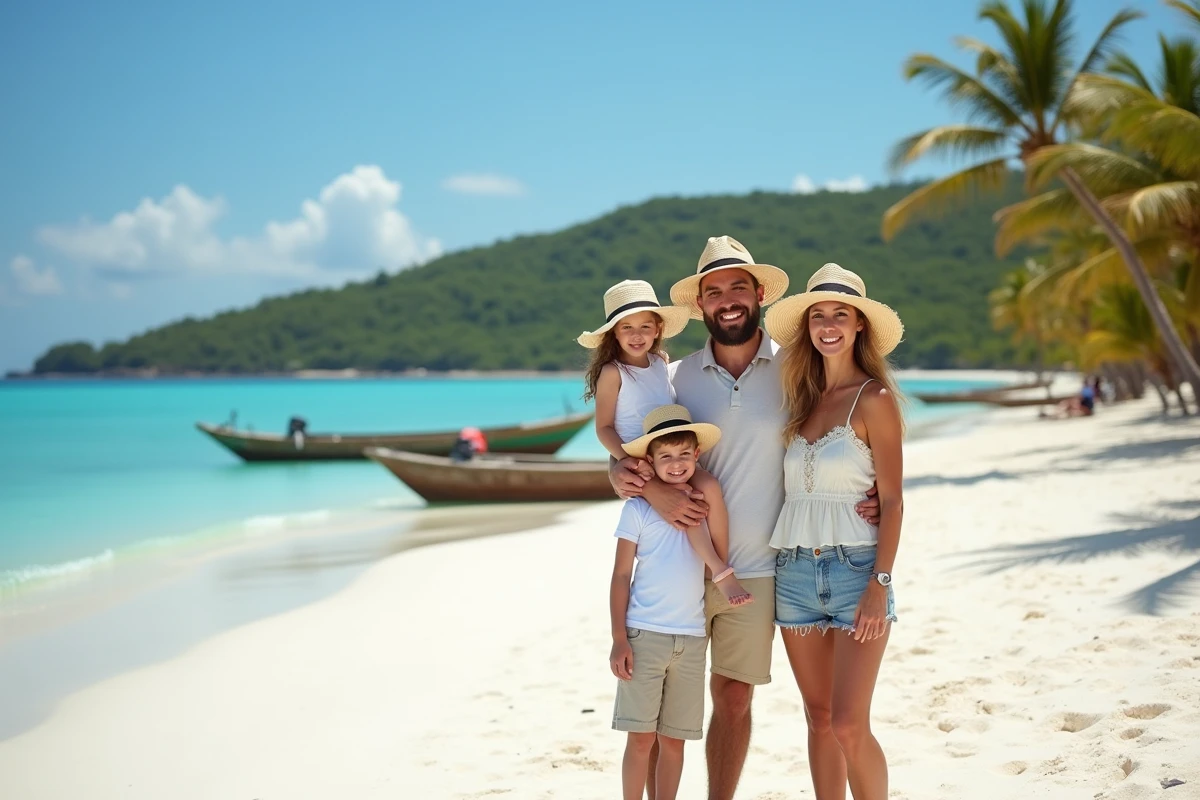 Famille souriante sur la plage de Gili Air avec eau turquoise