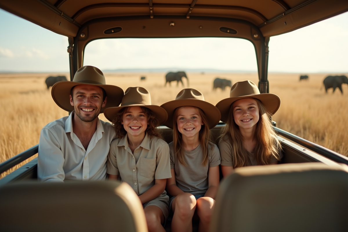 Famille souriante en safari dans la savane africaine