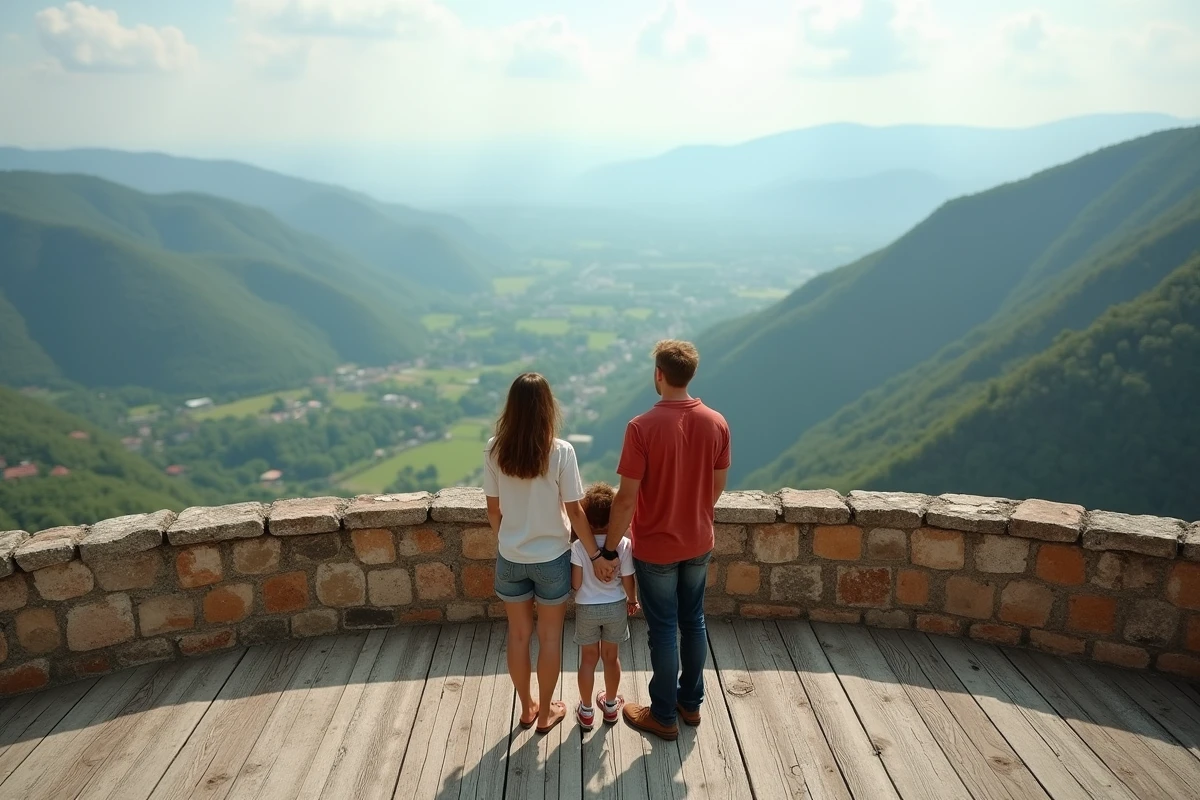 Famille regardant la vue panoramique des Pyrénées depuis Requesens