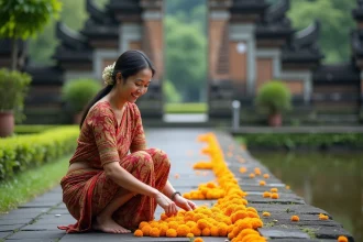 Femme balinaise souriante avec sarong et kebaya près du temple