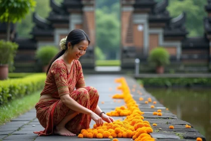 Femme balinaise souriante avec sarong et kebaya pr&egrave;s du temple