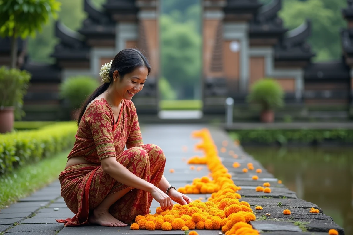 Femme balinaise souriante avec sarong et kebaya pr&egrave;s du temple