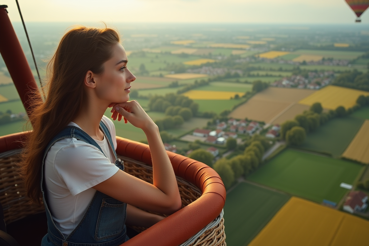 Jeune femme dans le panier d’un ballon regardant le paysage en dessous