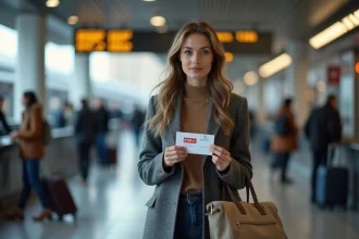 Jeune femme examinant un étiquette bagage PDF dans une gare