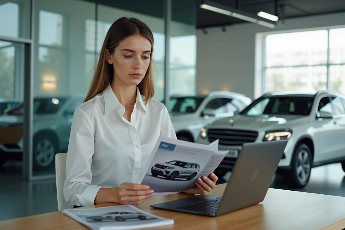 Femme professionnelle compare brochures de SUV en int&eacute;rieur