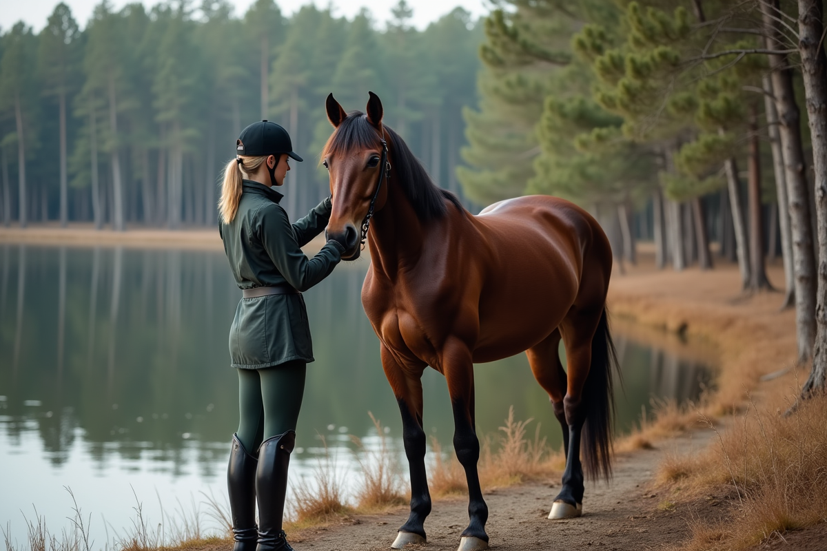Jeune femme caressant son cheval près d