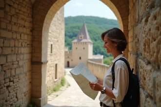 Femme souriante étudiant une carte devant le château de Requesens