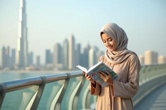 Jeune femme en abaya regardant Dubai depuis une passerelle