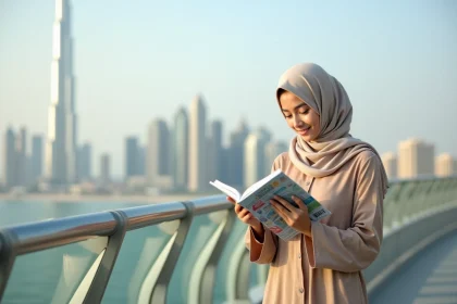 Jeune femme en abaya regardant Dubai depuis une passerelle