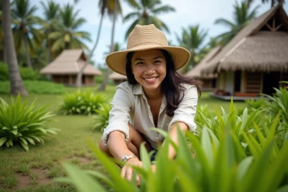 Jeune femme indonesienne dans un jardin ecolodge &agrave; Lombok