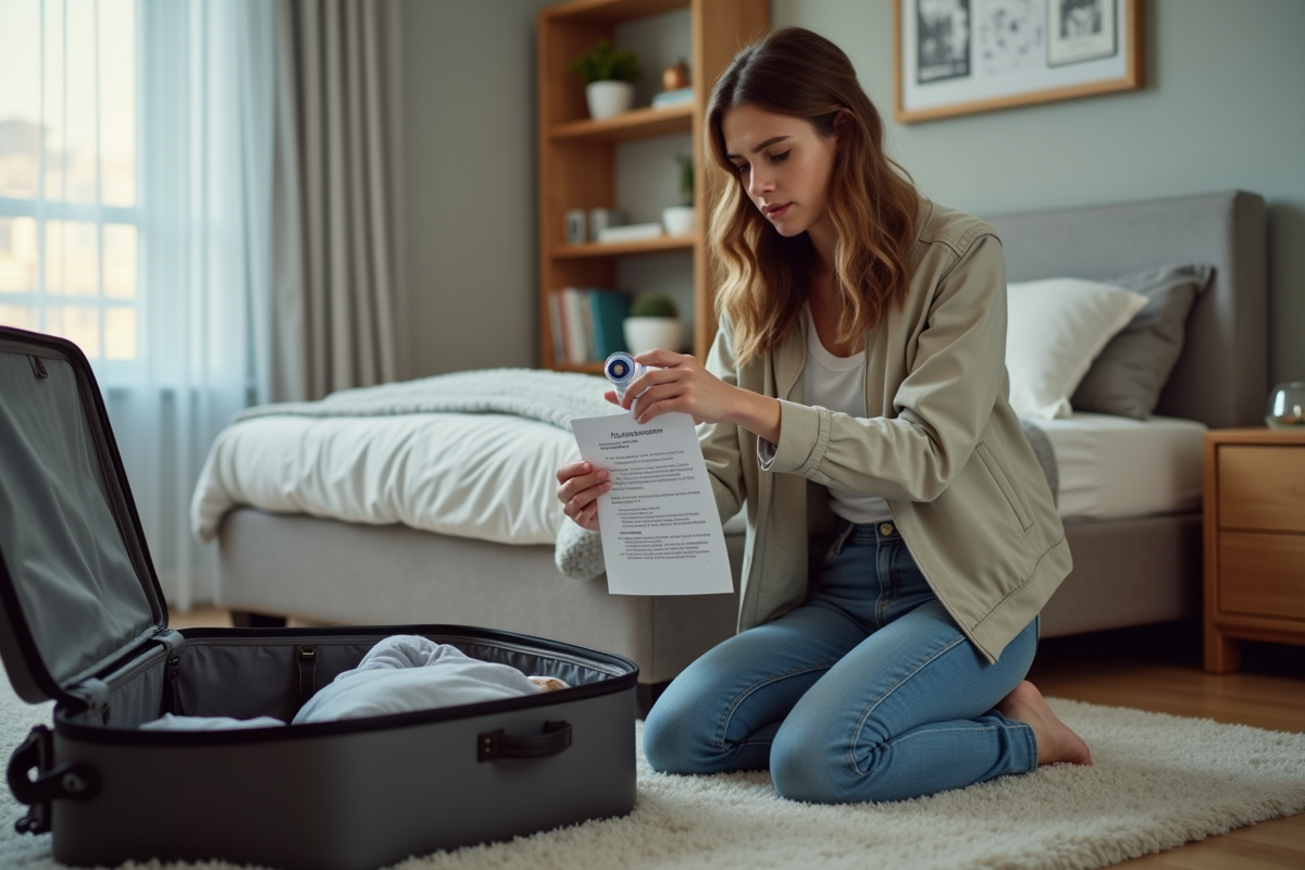 Jeune femme rangeant une bouteille dans sa valise