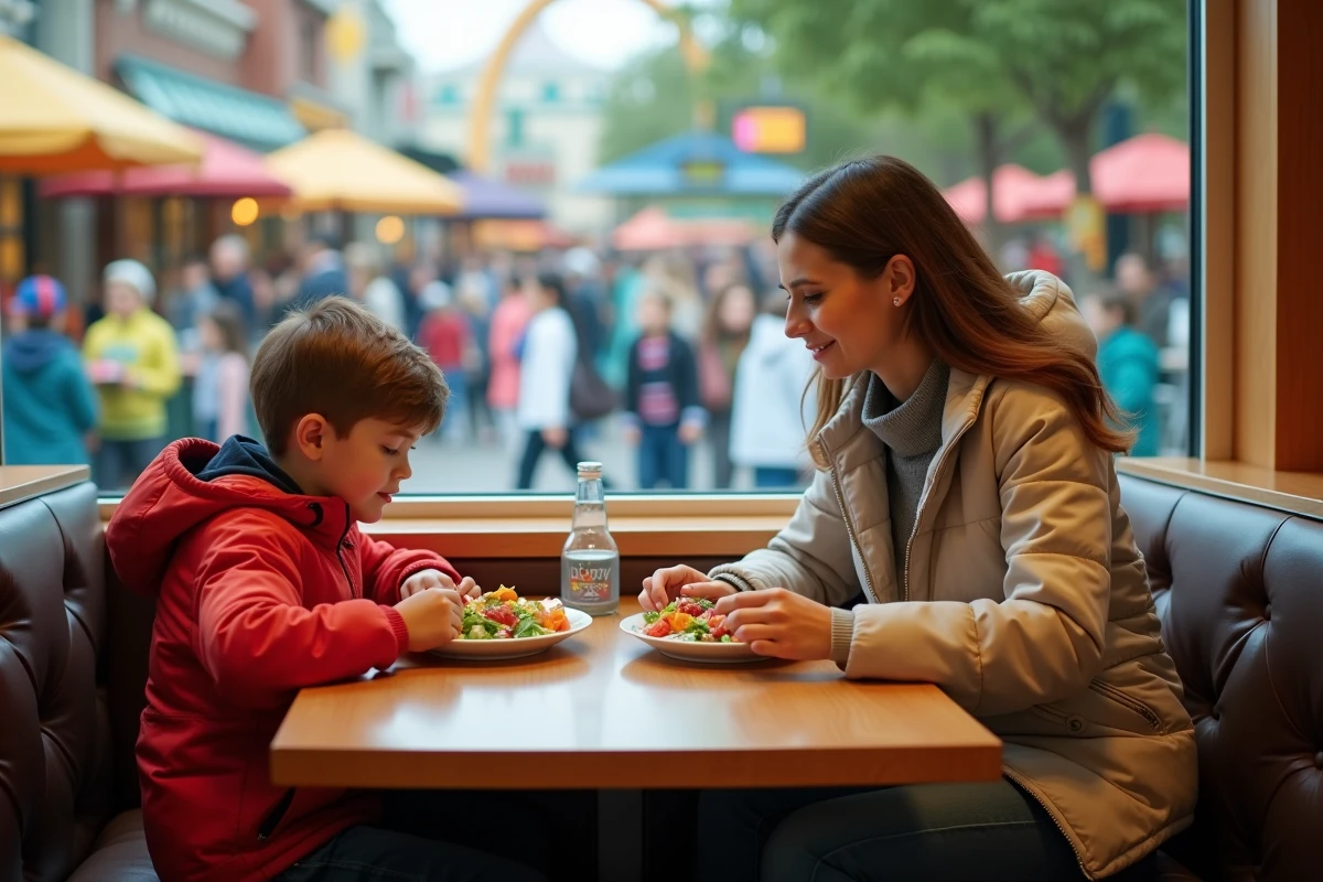 Femme et enfant dégustant une salade dans un café intérieur