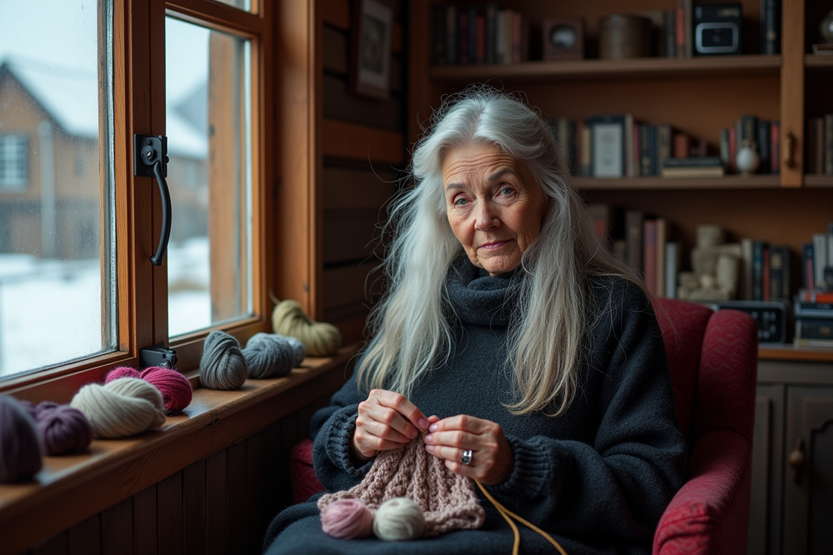 Femme islandaise âgée tricotant près d