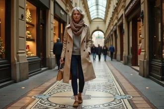 Femme en trench et foulard admire le sol mosaïque à Passage Vivienne