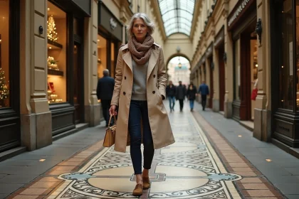 Femme en trench et foulard admire le sol mosa&iuml;que &agrave; Passage Vivienne