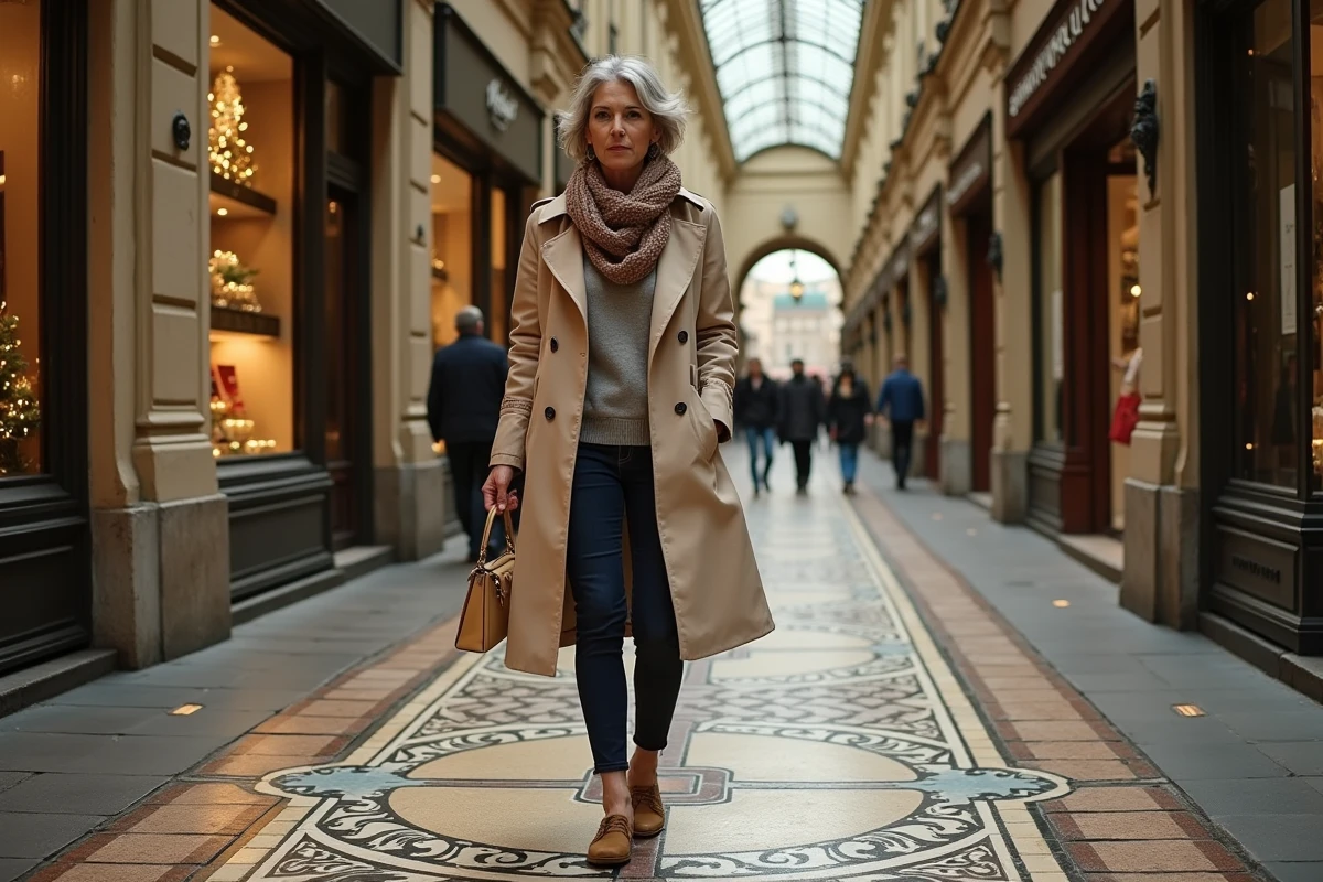 Femme en trench et foulard admire le sol mosa&iuml;que &agrave; Passage Vivienne
