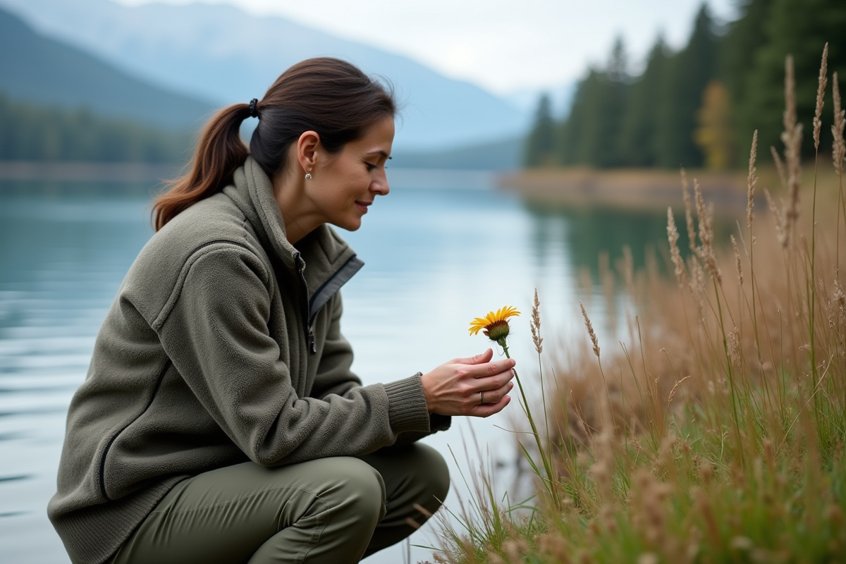 Femme contemplant une fleur au bord d