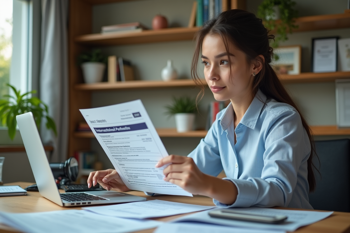 Jeune femme regardant son permis de voyage à la maison