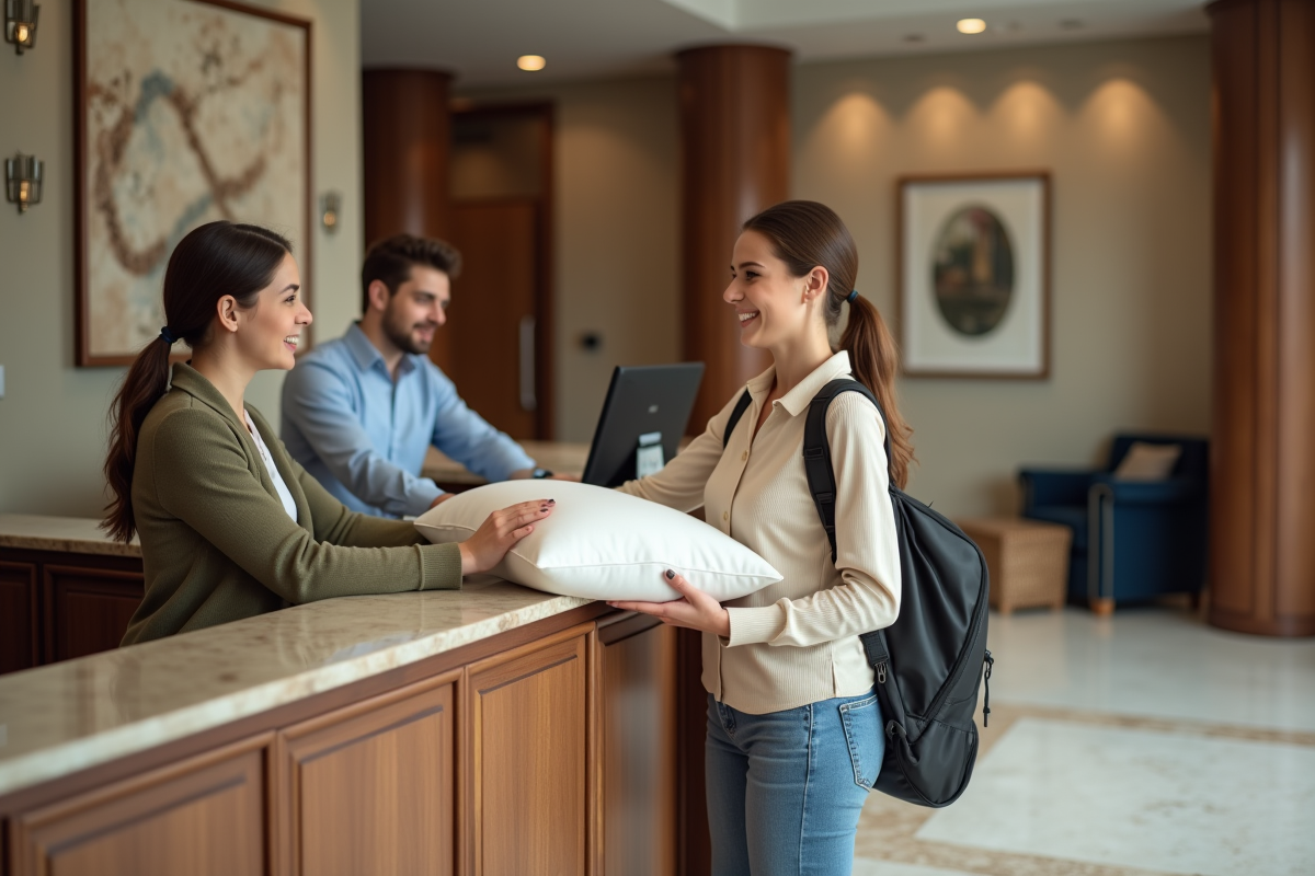 Jeune femme présentant un oreiller à la réception d hotel