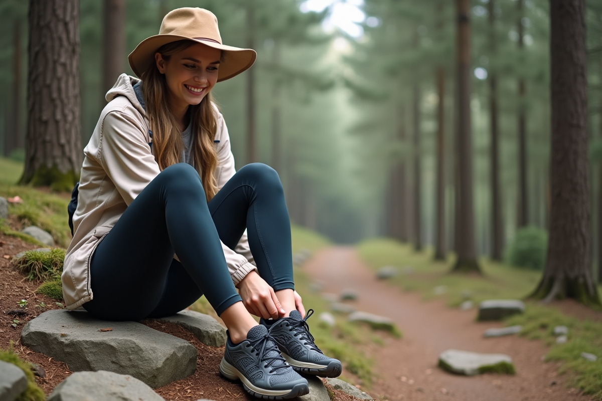 Jeune femme se reposant après une marche en forêt