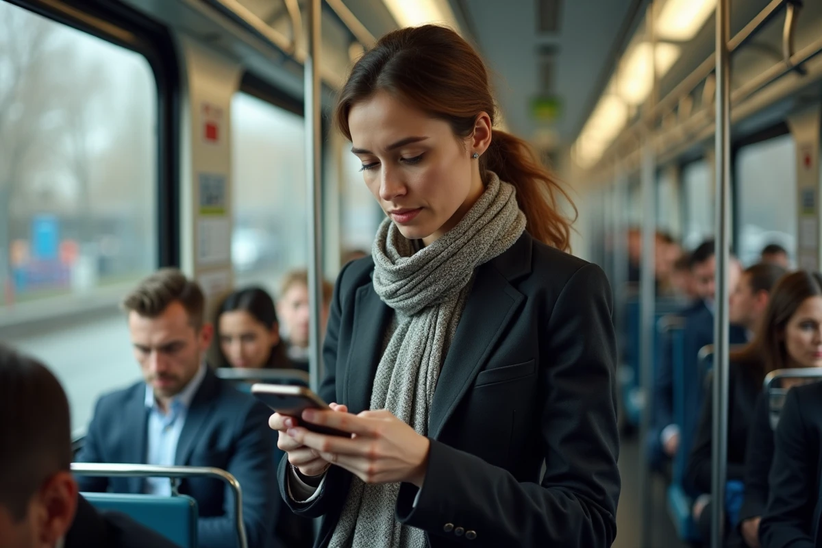 Femme dans un train au matin v&eacute;rifiant son smartphone