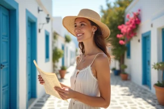 Femme souriante en linen et chapeau à Tinos