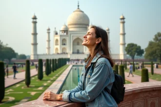 Femme regardant le Taj Mahal lors d'un voyage
