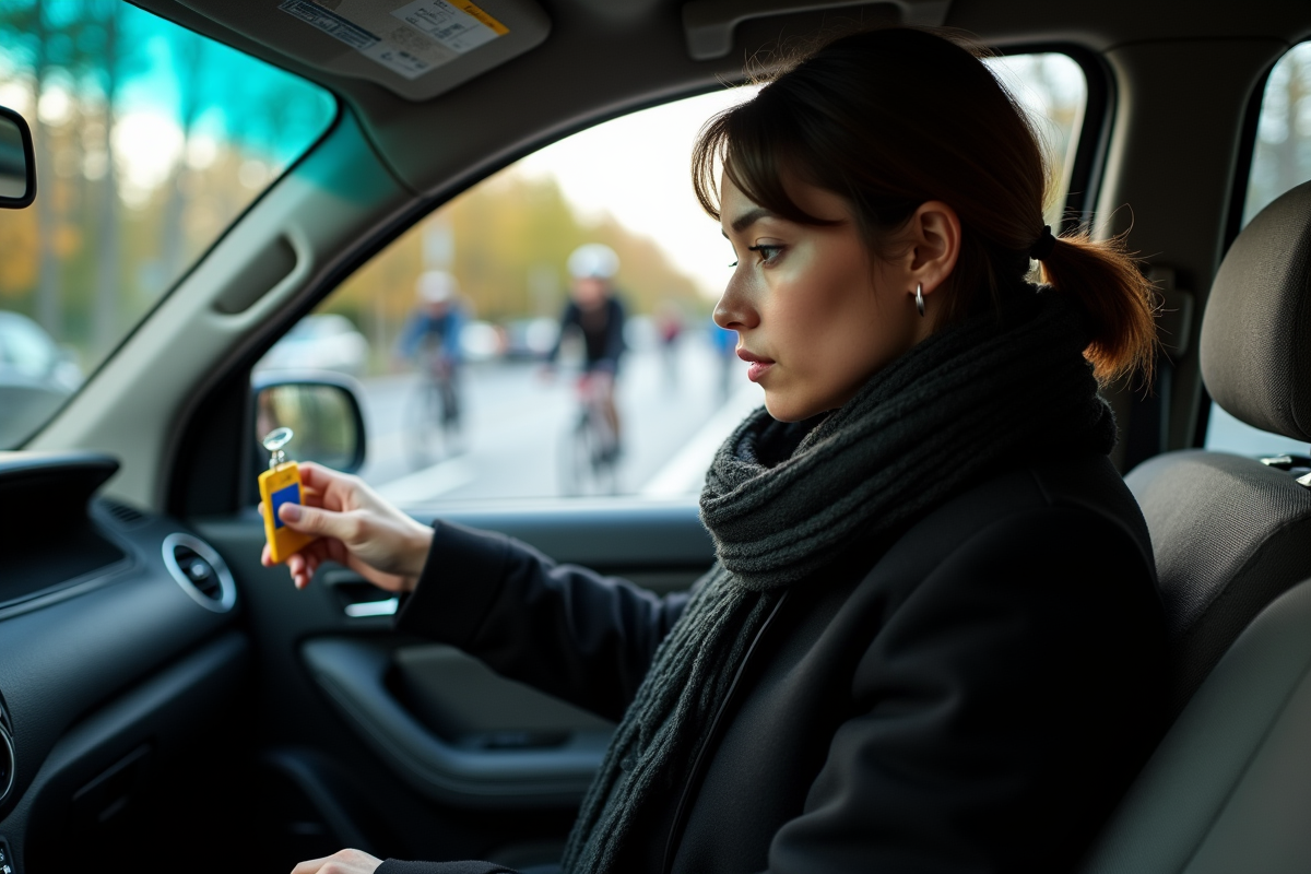 Jeune femme dans la voiture examine la plaque d
