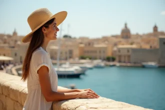 Femme en robe et chapeau sur les remparts de Valletta