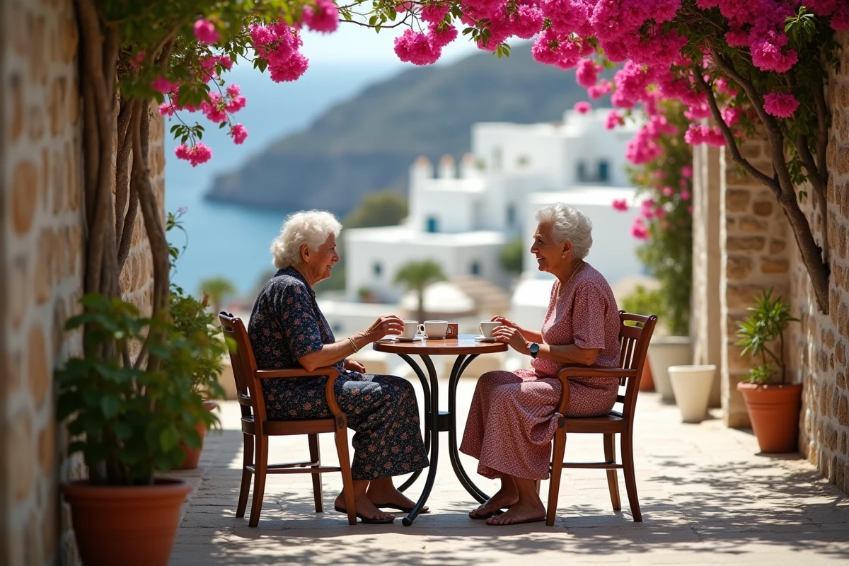 Deux femmes grecques discutant au café à Akrotiri