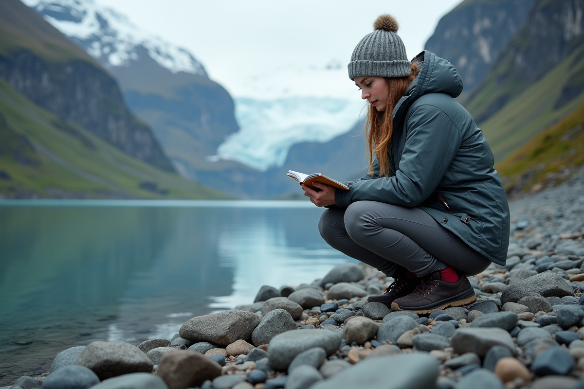 Jeune femme geologue examine des roches au bord du fjord