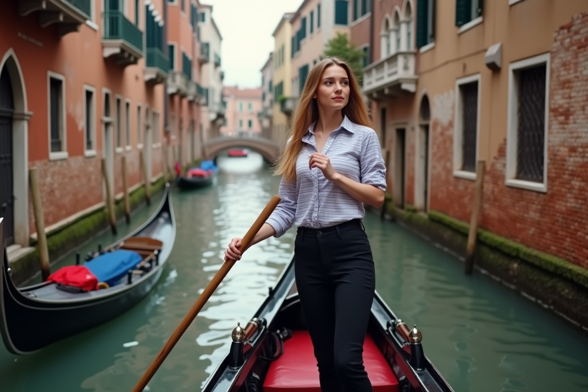 Jeune gondolière naviguant dans un canal de Venise avec bâtiments anciens