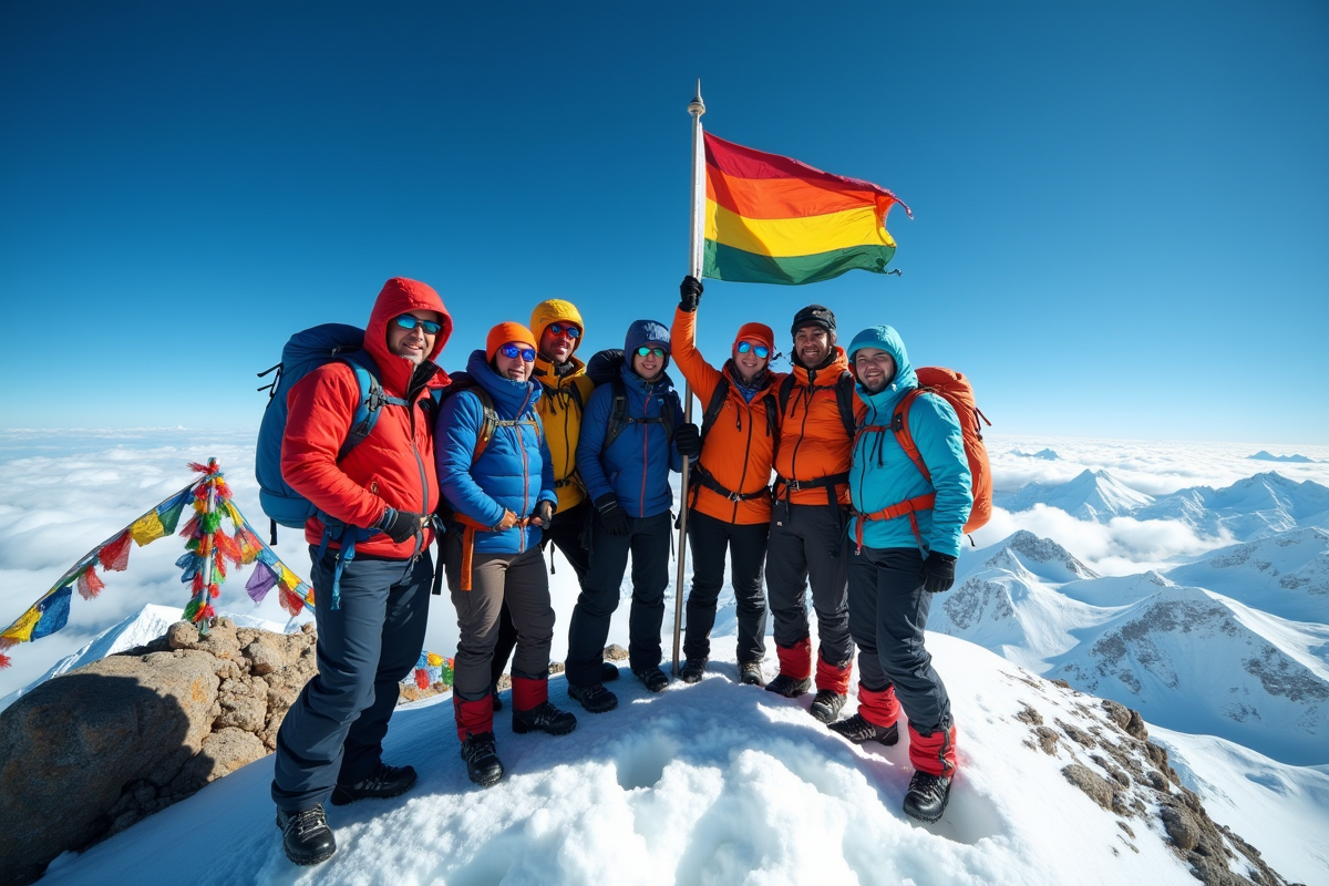 Groupe de grimpeurs avec drapeau au sommet d une montagne