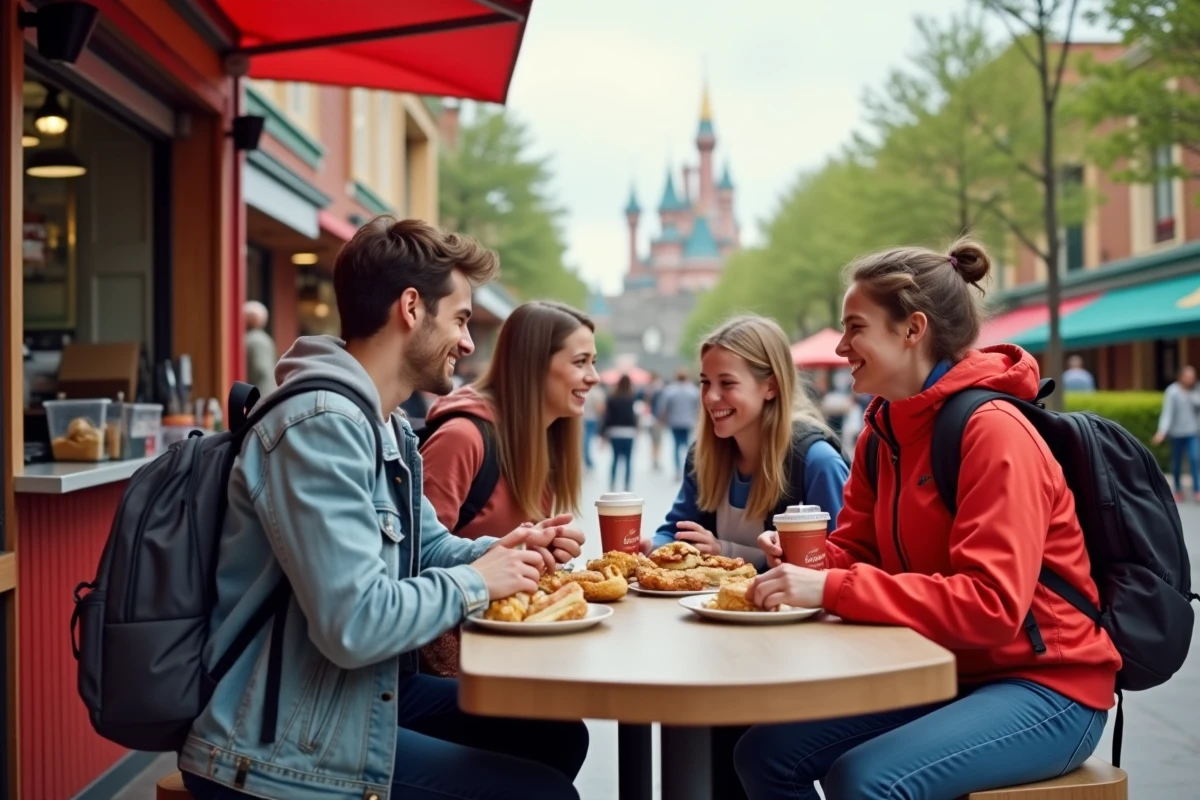 Groupe d'adultes et enfants souriants devant un kiosque à Disney