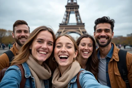 Groupe de voyageurs souriants devant la tour Eiffel &agrave; Paris