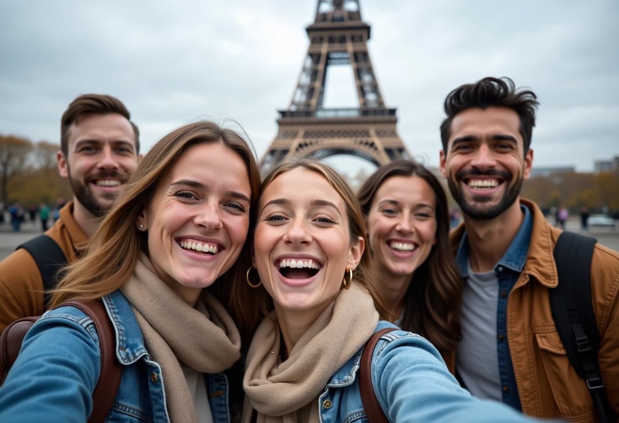 Groupe de voyageurs souriants devant la tour Eiffel &agrave; Paris